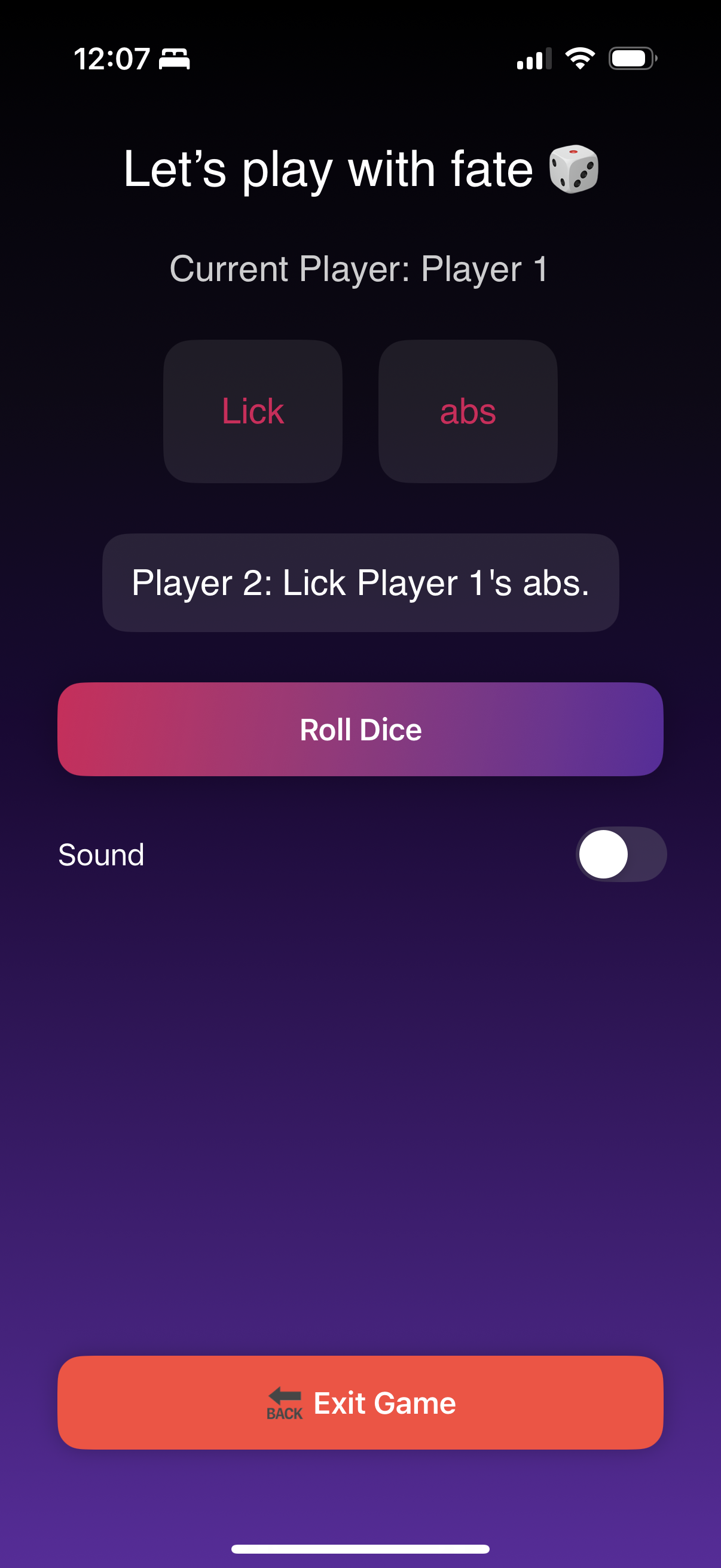 Dice game prompt in IntimaPlay app